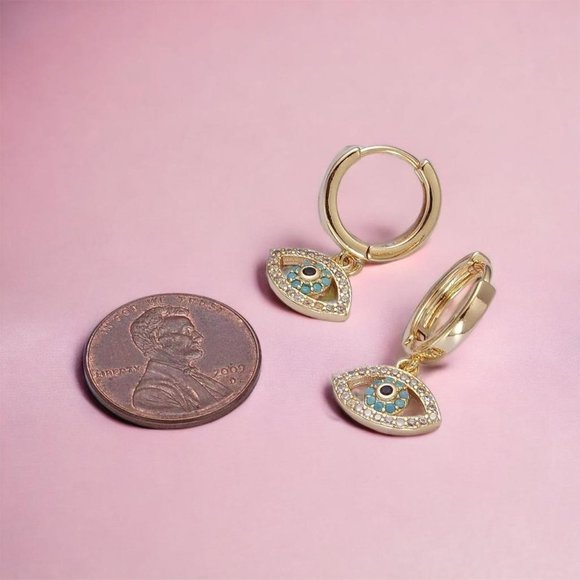 Evil Eye Earrings, Small gold hoop earrings, huggie earrings, huggie hoops‍‍‍‍﻿﻿ - Picture 2 of 3
